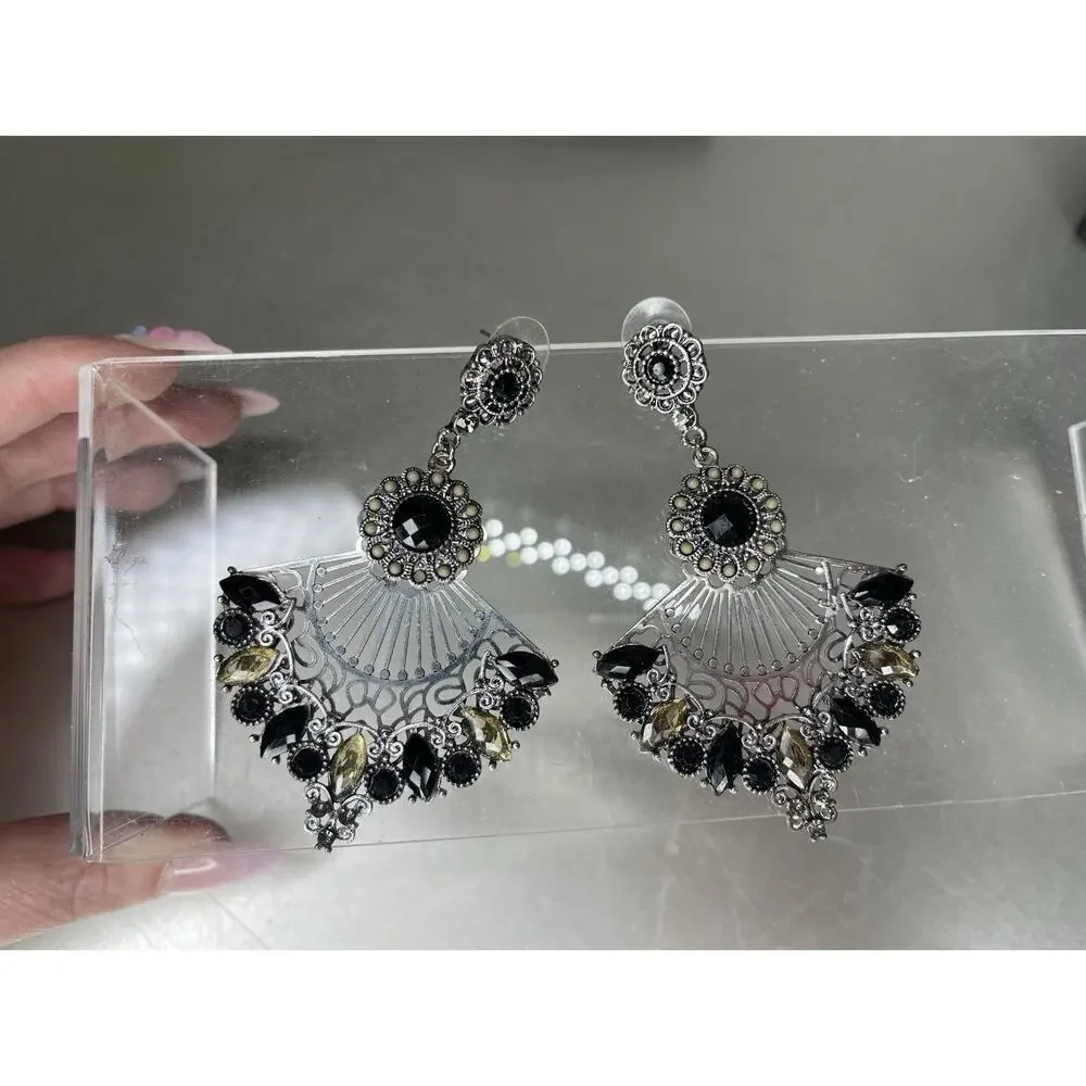 Statement Black Silver Tone Fan Tassel Beaded Rhinestones Earrings_2
